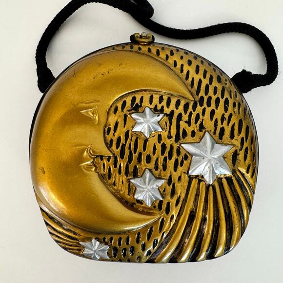 Timmy Woods Stars and Moon Wood Clutch Minaudiere Crossbody Bag Gold Black - Picture 3 of 14